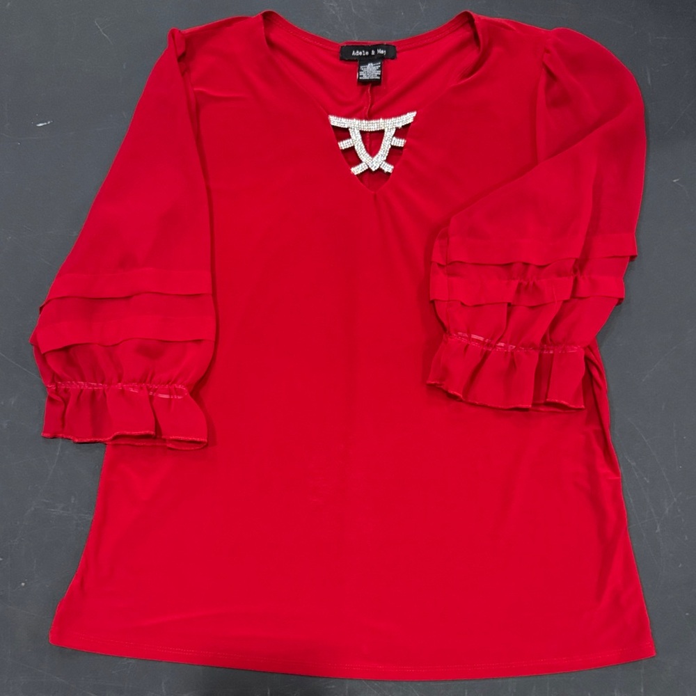 Elegant Red Blouse with Ruffle Sleeves